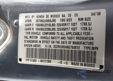 2008 Honda Cr-V Lx из США, поврежденный, VIN 3CZRE38348G704812